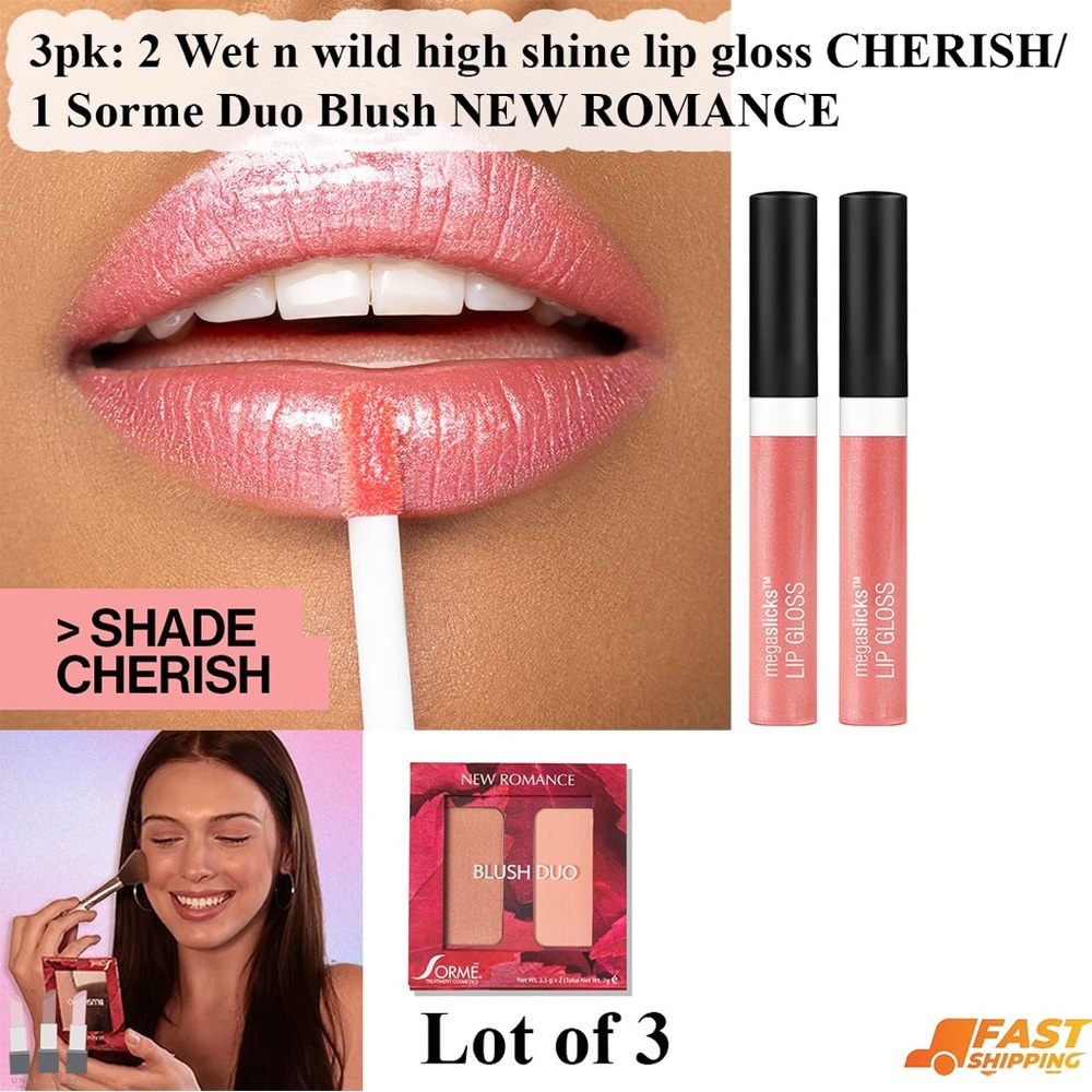 2 Wet n Wild High Shine Lip Gloss - Cherish & 1 Sorme Duo Blush New Romance